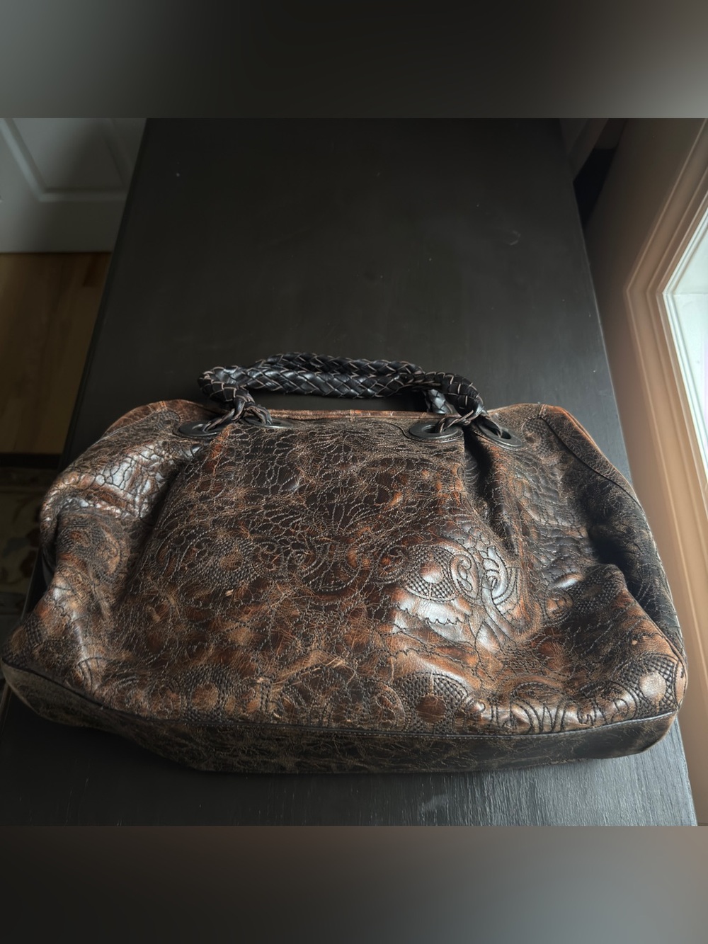 FALOR le Borse Italy Genuine Italian Leather Embossed Floral Brown Tote Handbag